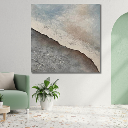 Coastal Textured Abstract Painting – Beige, Grey & Blue Modern Minimalist Canvas