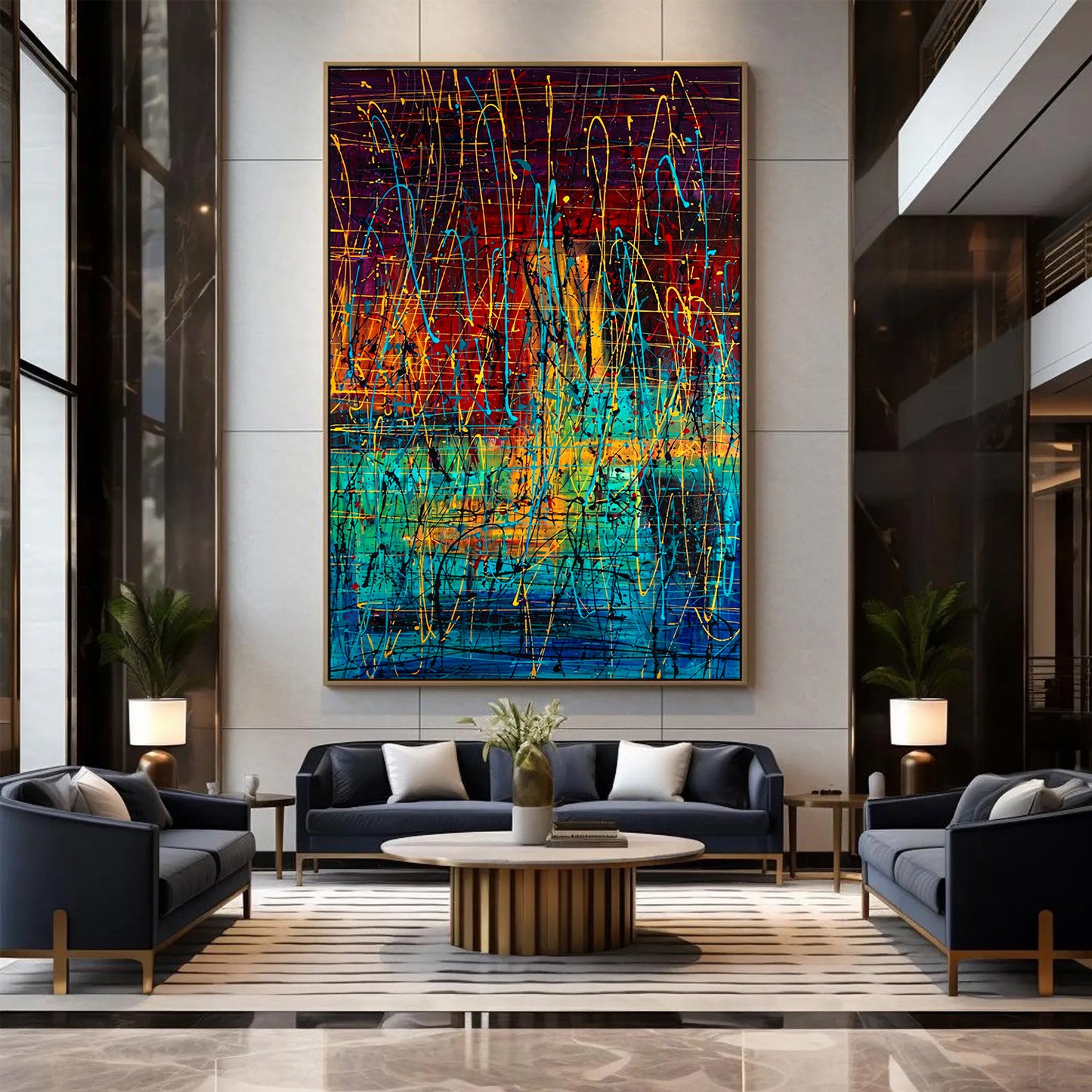 Art mural de style Pollok expressionniste bleu foncé