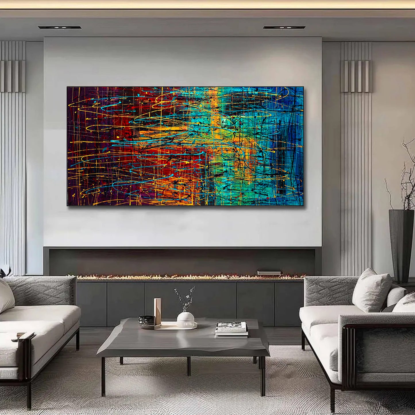 Art mural de style Pollok expressionniste bleu foncé