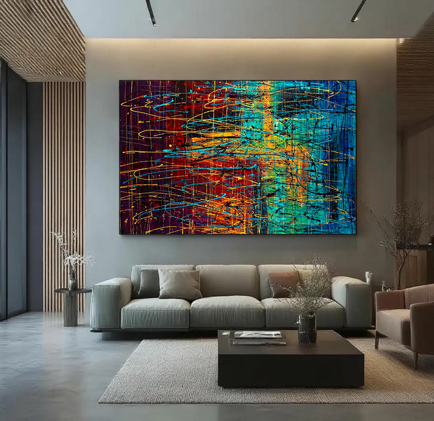 Art mural de style Pollok expressionniste bleu foncé