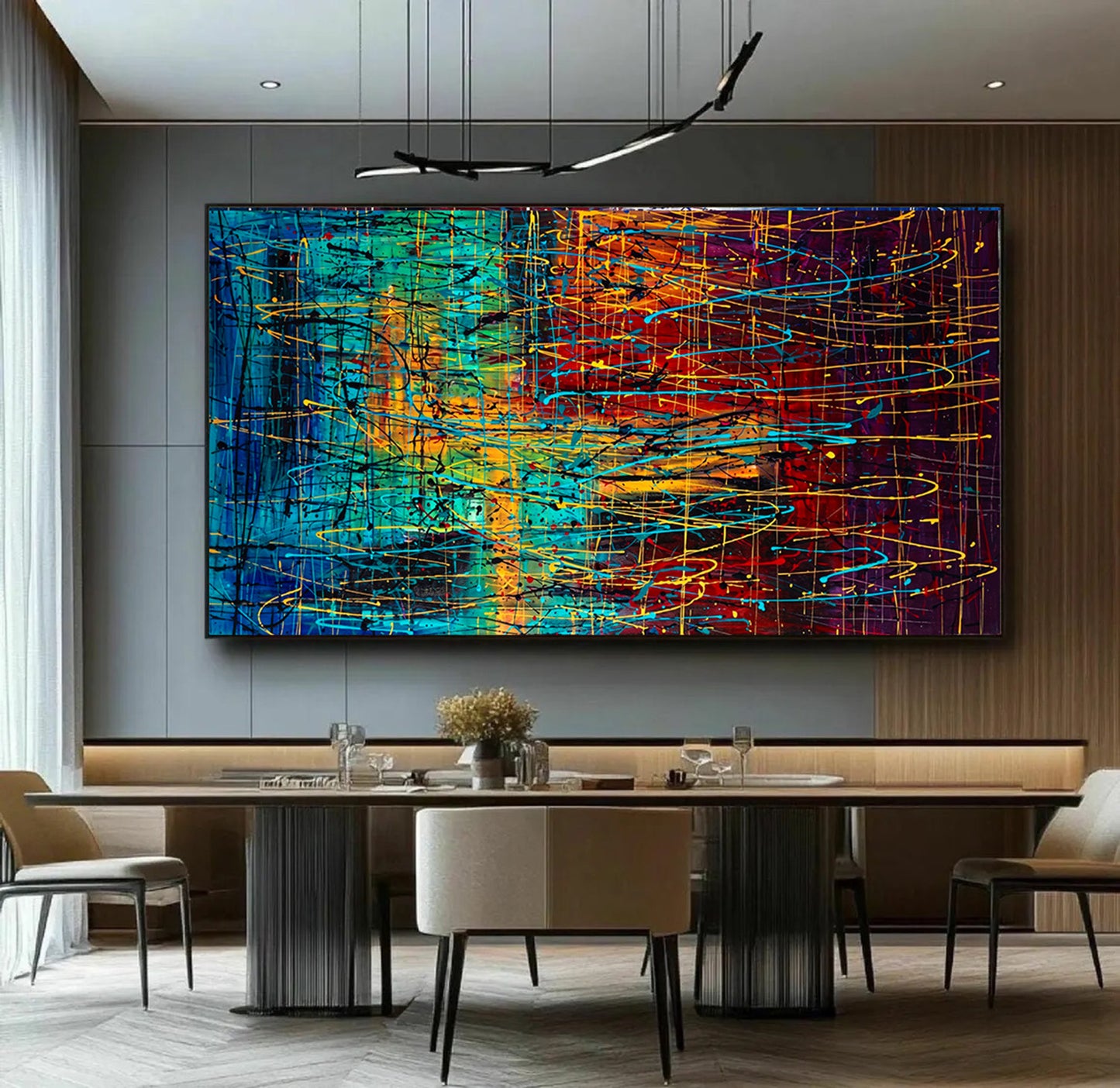 Art mural de style Pollok expressionniste bleu foncé
