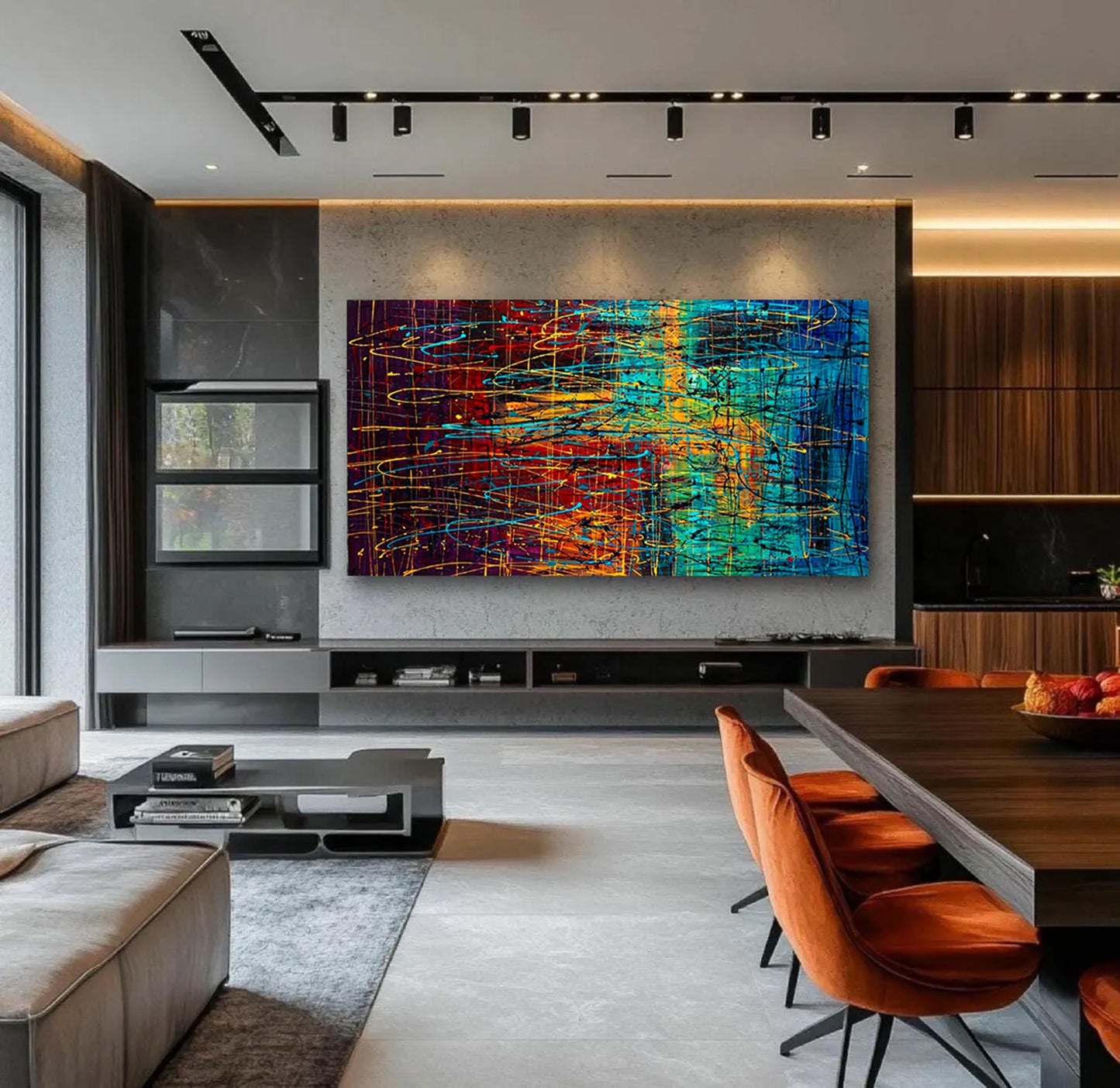 Art mural de style Pollok expressionniste bleu foncé
