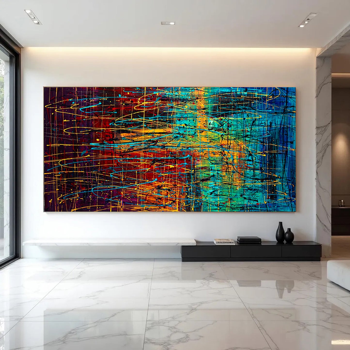Art mural de style Pollok expressionniste bleu foncé