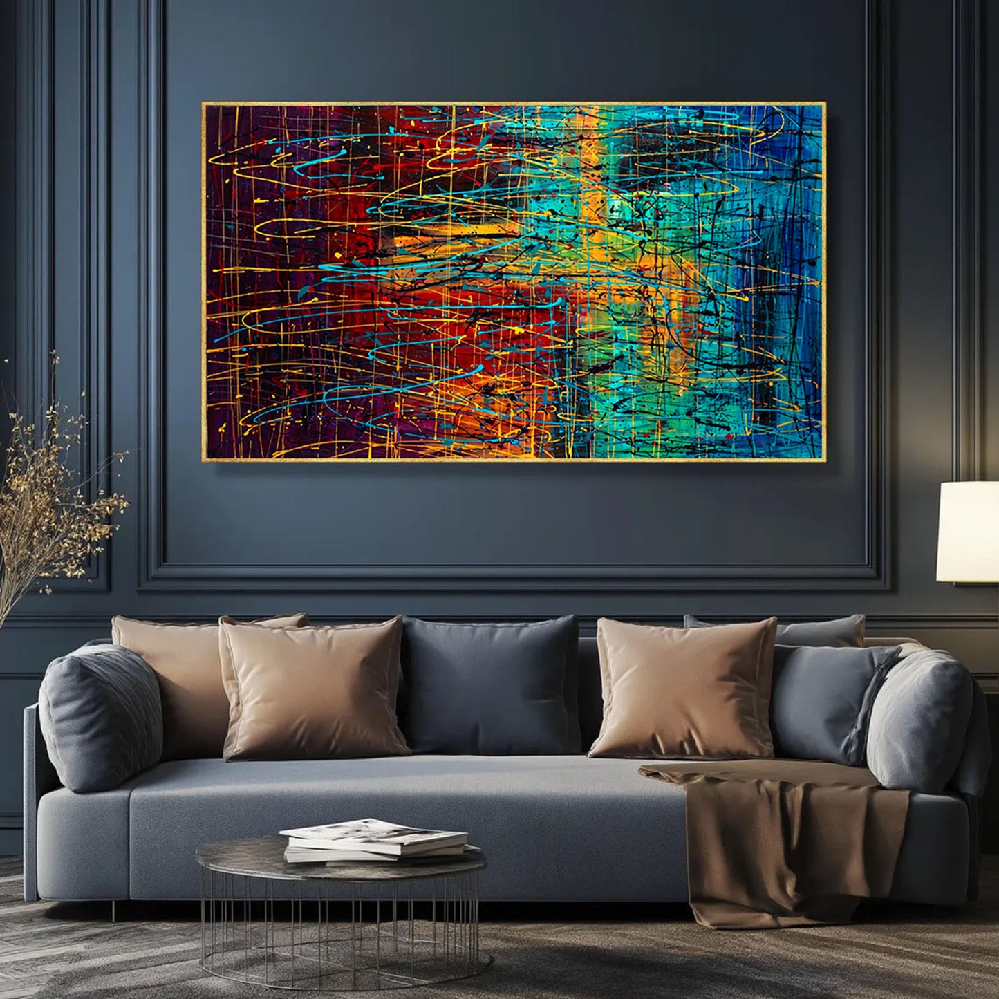 Art mural de style Pollok expressionniste bleu foncé