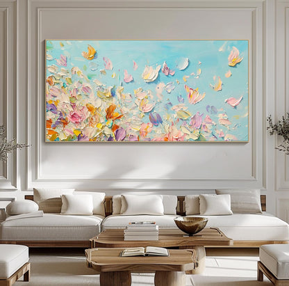3D Colorful Petal Painting – Textured Abstract Floral Art on Sky Blue Canvas