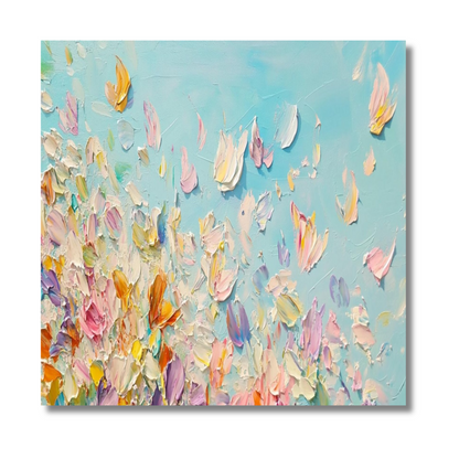 3D Colorful Petal Painting – Textured Abstract Floral Art on Sky Blue Canvas