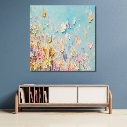 3D Colorful Petal Painting – Textured Abstract Floral Art on Sky Blue Canvas