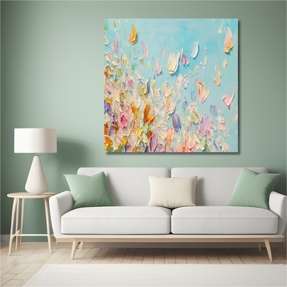 3D Colorful Petal Painting – Textured Abstract Floral Art on Sky Blue Canvas