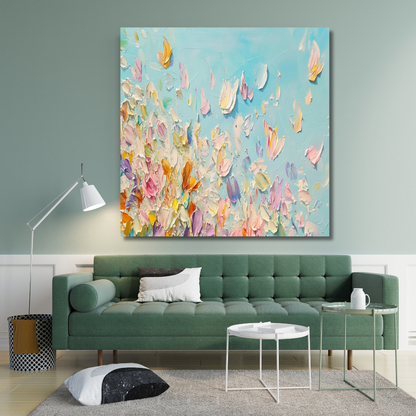 3D Colorful Petal Painting – Textured Abstract Floral Art on Sky Blue Canvas