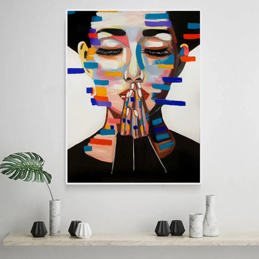 Room mockup showing woman with closed eyes and hands at her lips, with blue, orange and yellow stripes against white.