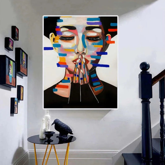 Room mockup showing woman with closed eyes and hands at her lips, with blue, orange and yellow stripes against white.