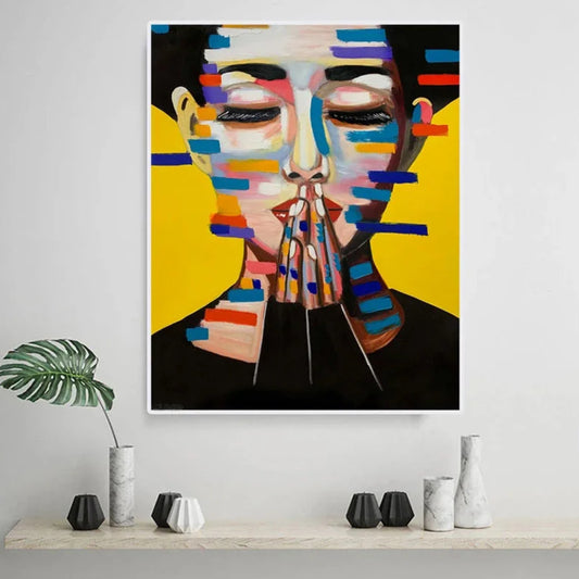 Room mockup showing woman with closed eyes and hands at her lips, with blue, orange and yellow stripes against yellow.