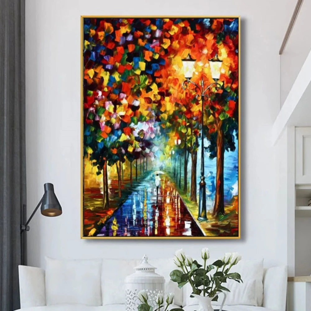 Room mockup showing rainy park avenue with colourful autumn foliage, glowing orange lamps and reflections on a wet path.