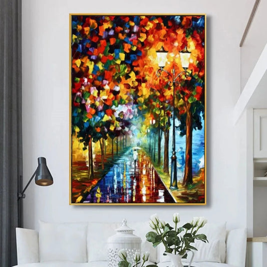 Room mockup showing rainy park avenue with colourful autumn foliage, glowing orange lamps and reflections on a wet path.