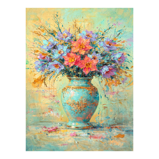 Colourful floral painting with a turquoise and gold vase on a yellow-green background.