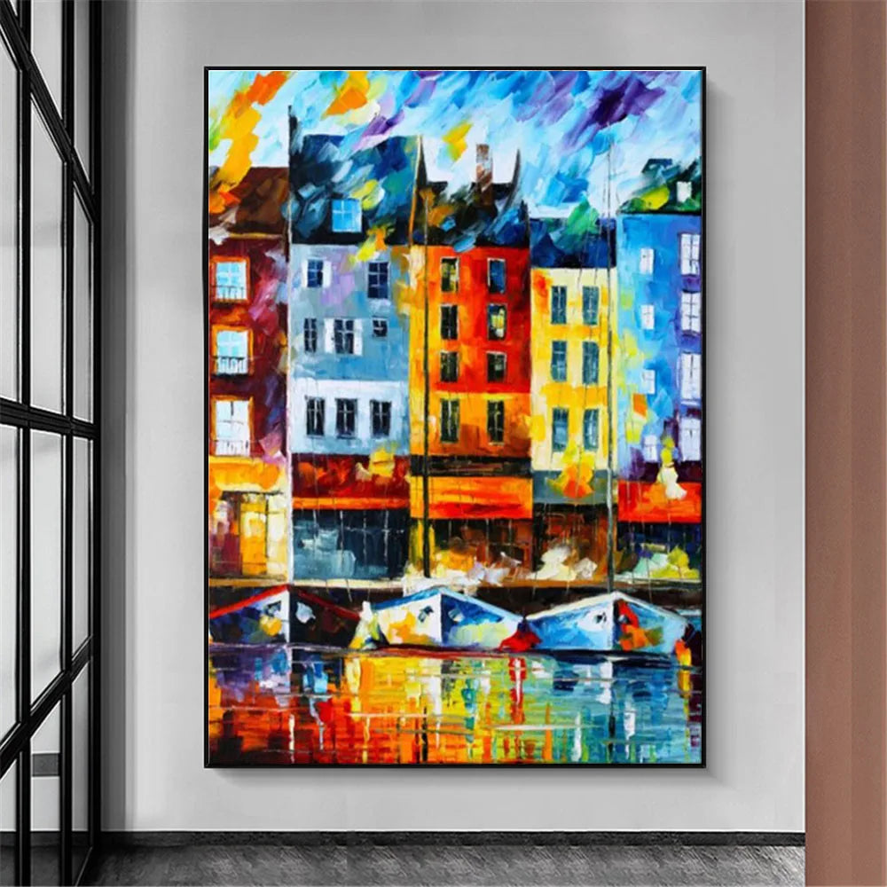 Room mockup showing colourful blue, orange, yellow and white waterfront buildings above small boats and bright reflections.