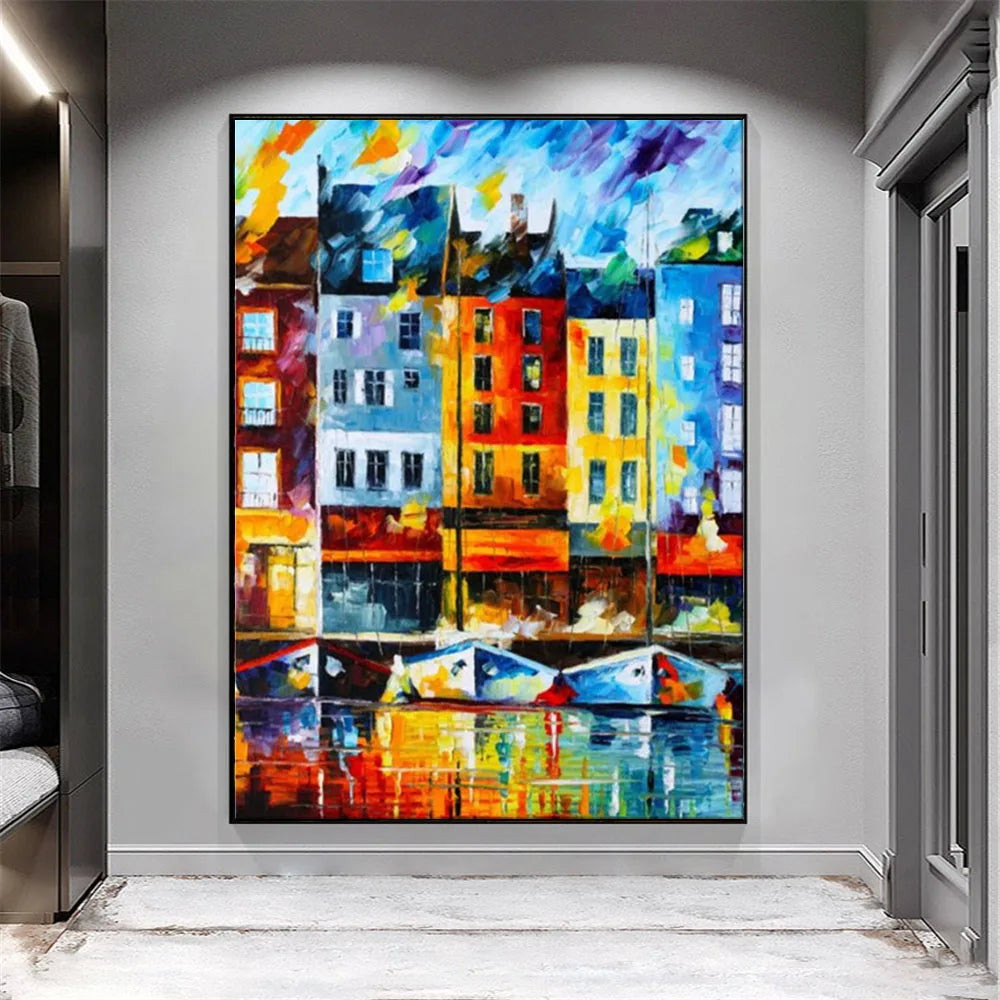 Room mockup showing colourful blue, orange, yellow and white waterfront buildings above small boats and bright reflections.