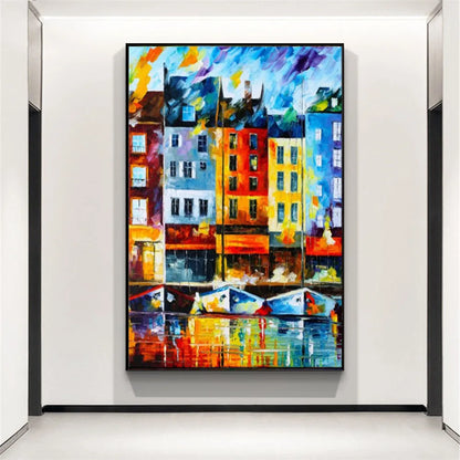 Room mockup showing colourful blue, orange, yellow and white waterfront buildings above small boats and bright reflections.