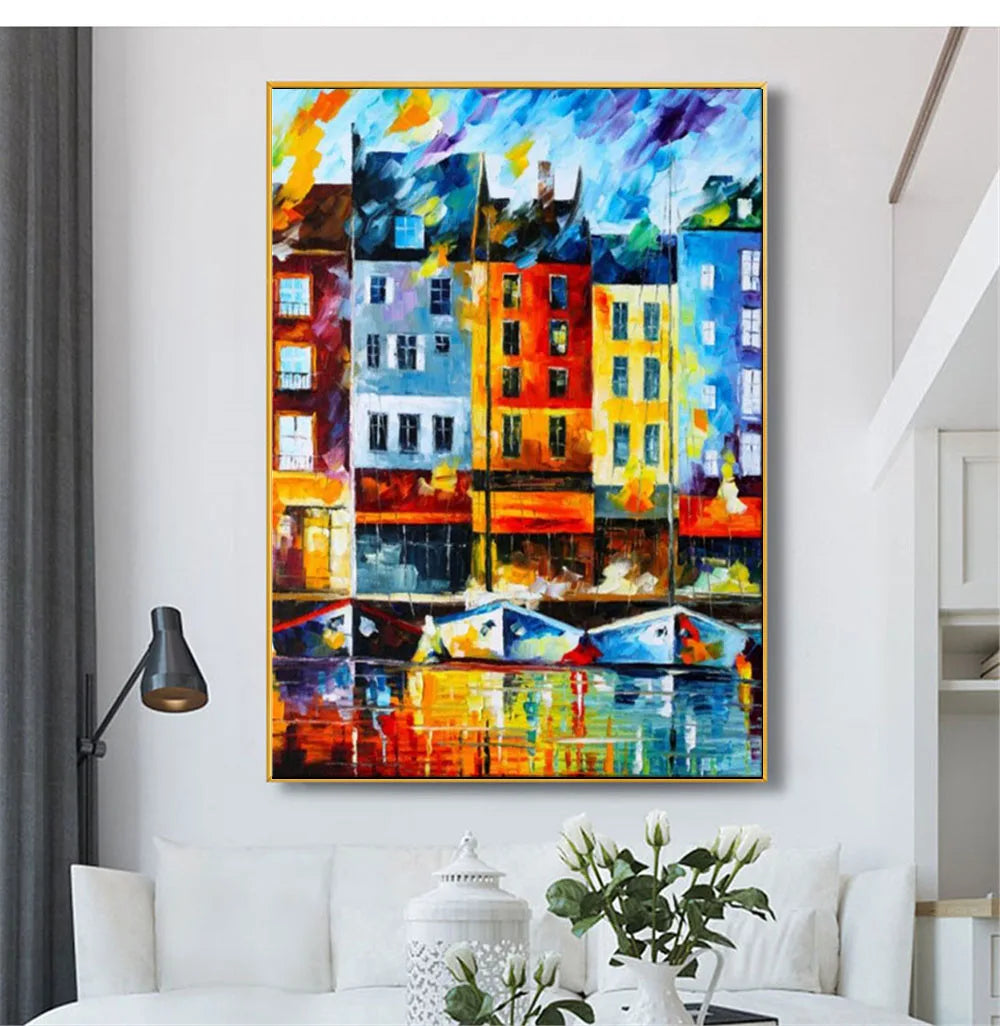Room mockup showing colourful blue, orange, yellow and white waterfront buildings above small boats and bright reflections.
