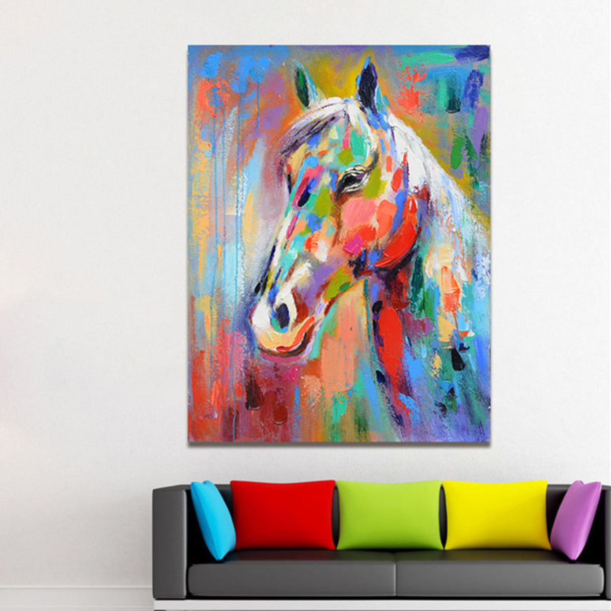 Room mockup. A white horse head built from vivid blue, red, green, orange and yellow strokes against a colourful ground.
