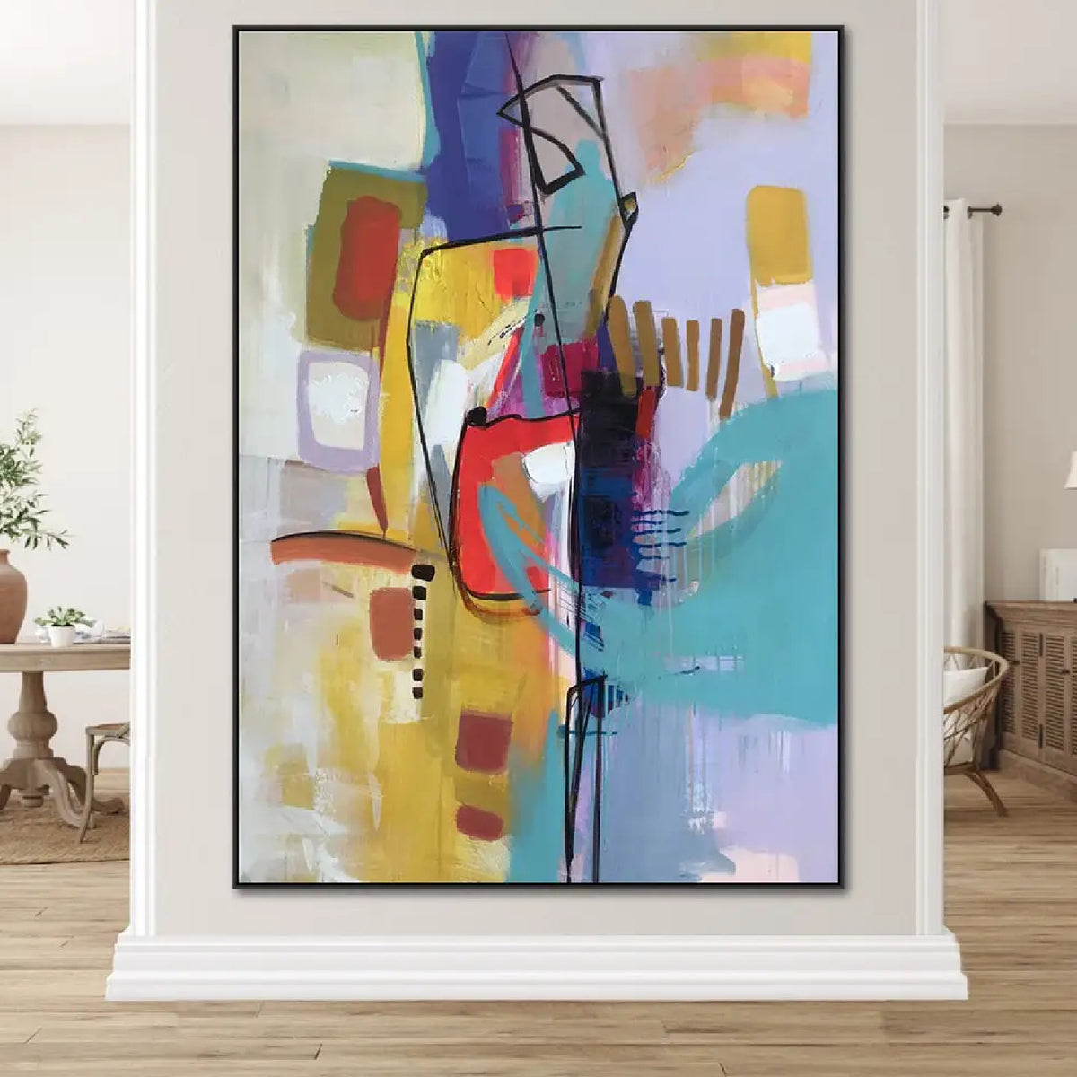Room mockup. Turquoise, yellow, purple and red geometric patches crossed by black angular outlines, short bars and fine drips.