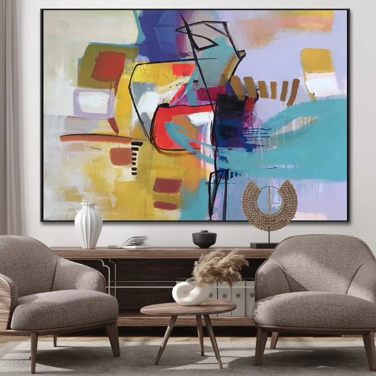 Room mockup. Turquoise, yellow, purple and red geometric patches crossed by black angular outlines, short bars and fine drips.