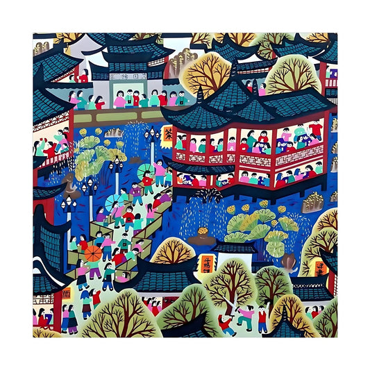 Hand-painted canvas featuring colourful buildings, figures, bridges and lotus ponds in a lively folk-style city scene.