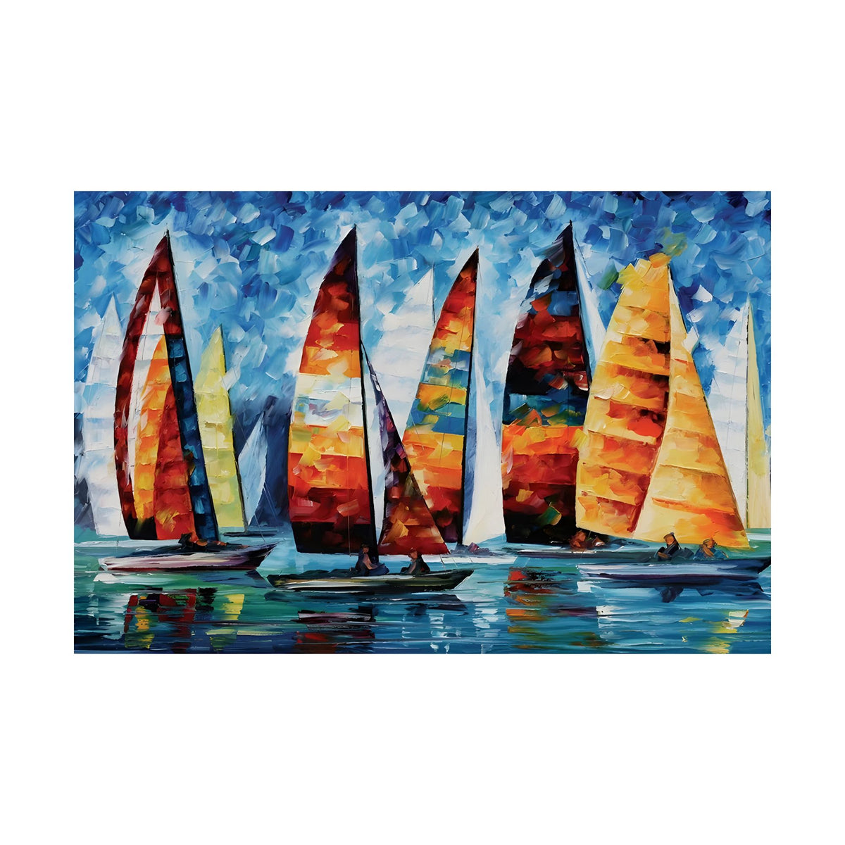 Hand-painted canvas featuring colourful sailboats with red, orange and yellow sails reflected in blue water.