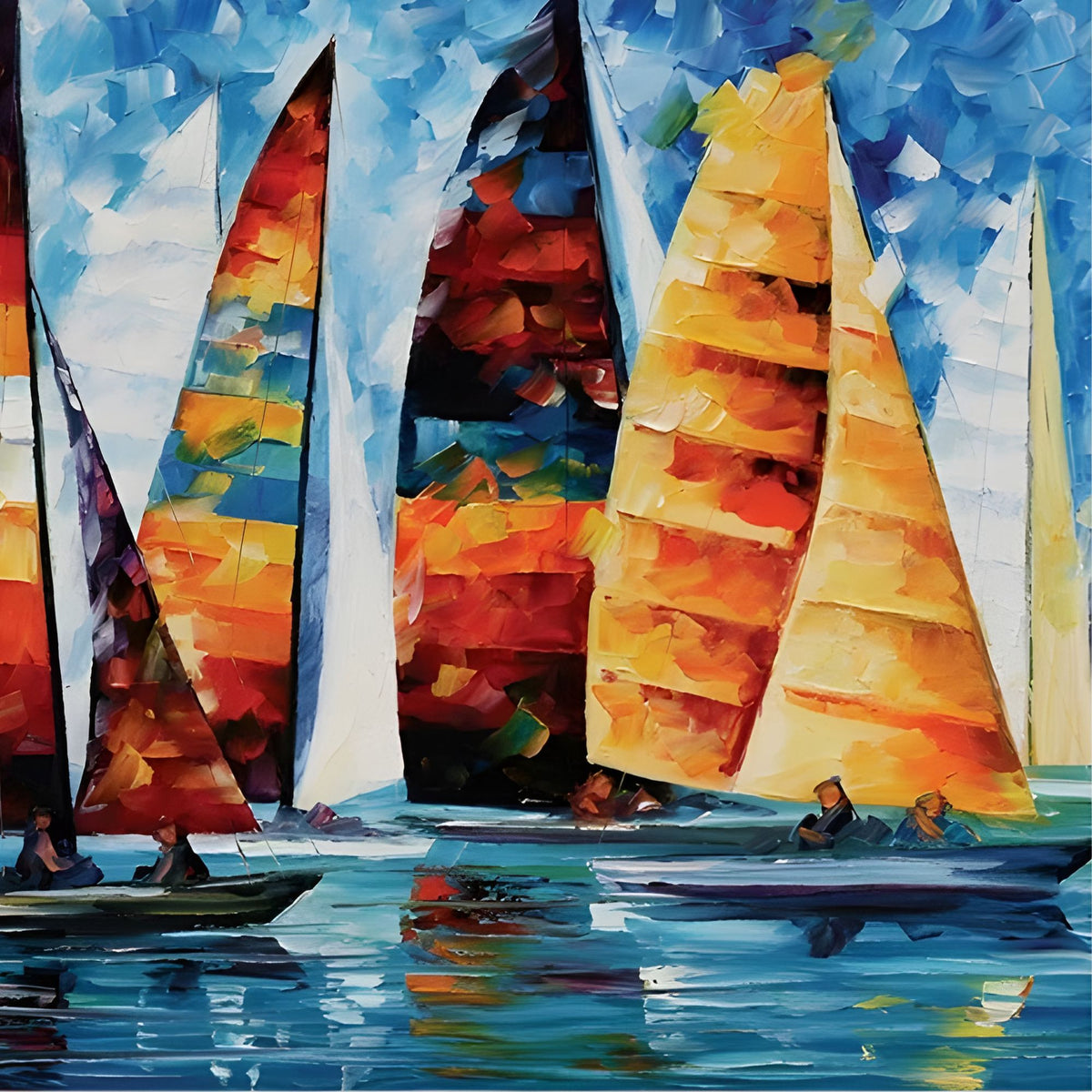 Hand-painted canvas featuring colourful sailboats with red, orange and yellow sails reflected in blue water.