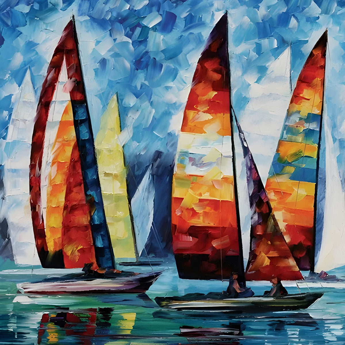 Hand-painted canvas featuring colourful sailboats with red, orange and yellow sails reflected in blue water.