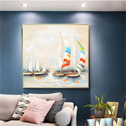 Room mockup. Small sailboats with striped red, blue and yellow sails on pale water beneath a soft cream sky.