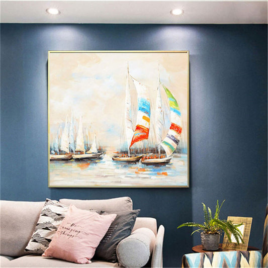 Room mockup. Small sailboats with striped red, blue and yellow sails on pale water beneath a soft cream sky.
