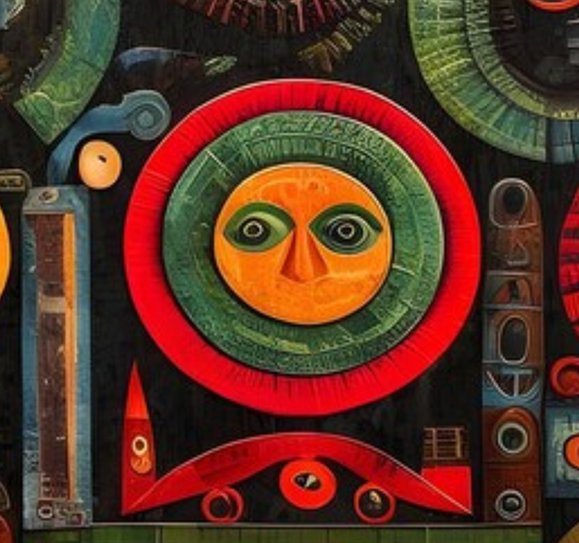 Close-up of an orange mask-like face inside green and red circular bands on a dark ground.