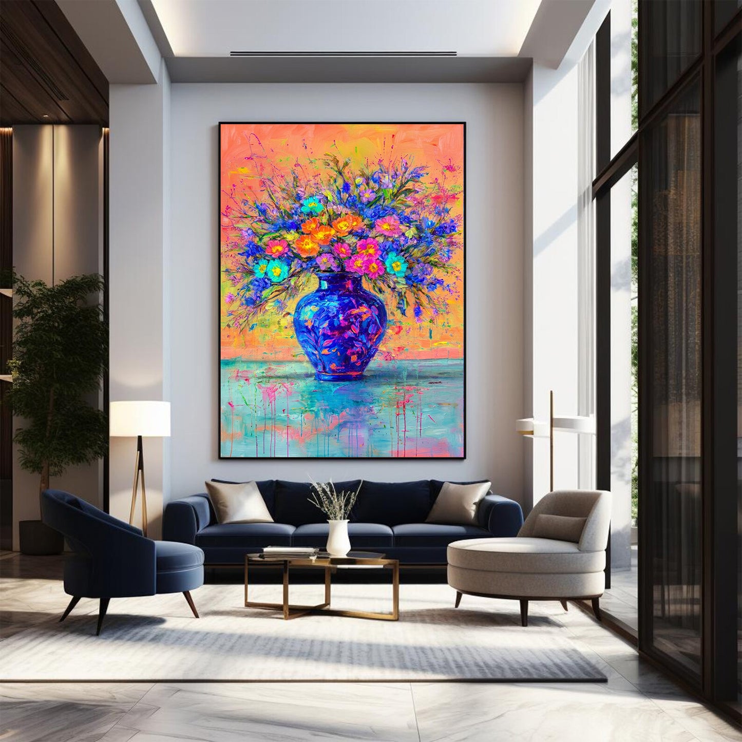 Colorful Floral Painting Blue Vase Abstract Wall Art