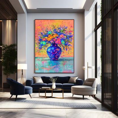 Colorful Floral Painting Blue Vase Abstract Wall Art