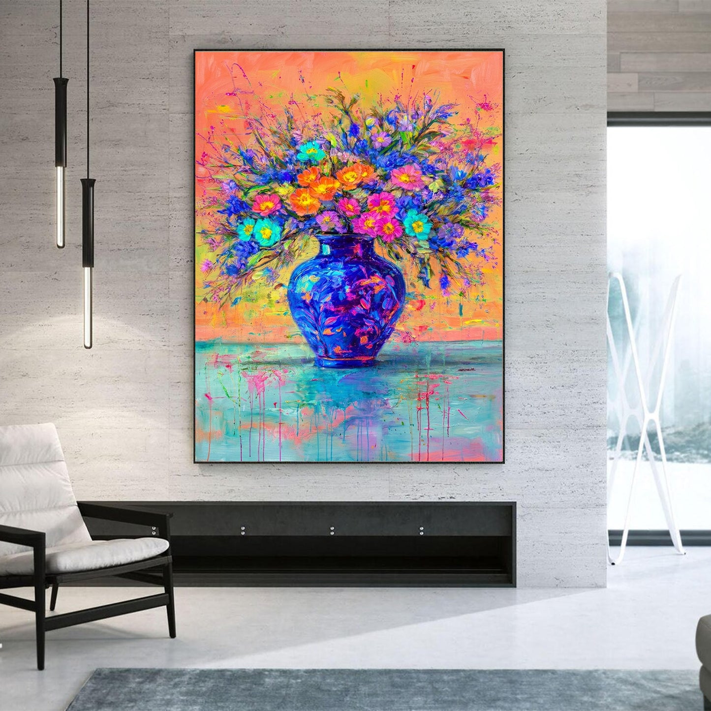 Colorful Floral Painting Blue Vase Abstract Wall Art