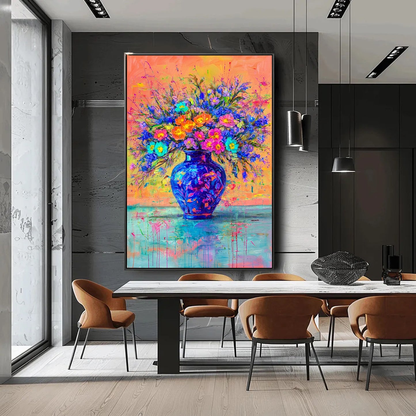 Colorful Floral Painting Blue Vase Abstract Wall Art