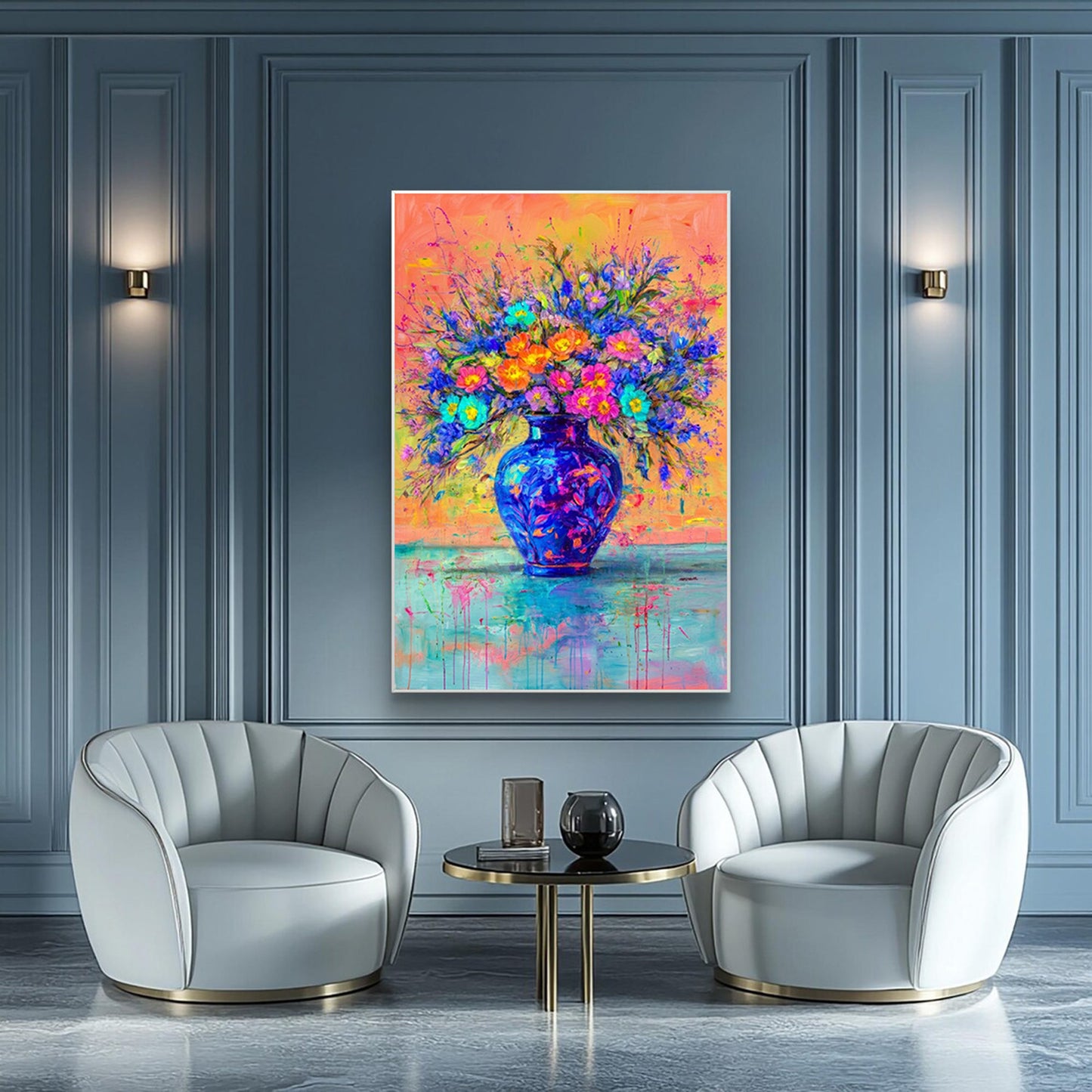 Colorful Floral Painting Blue Vase Abstract Wall Art