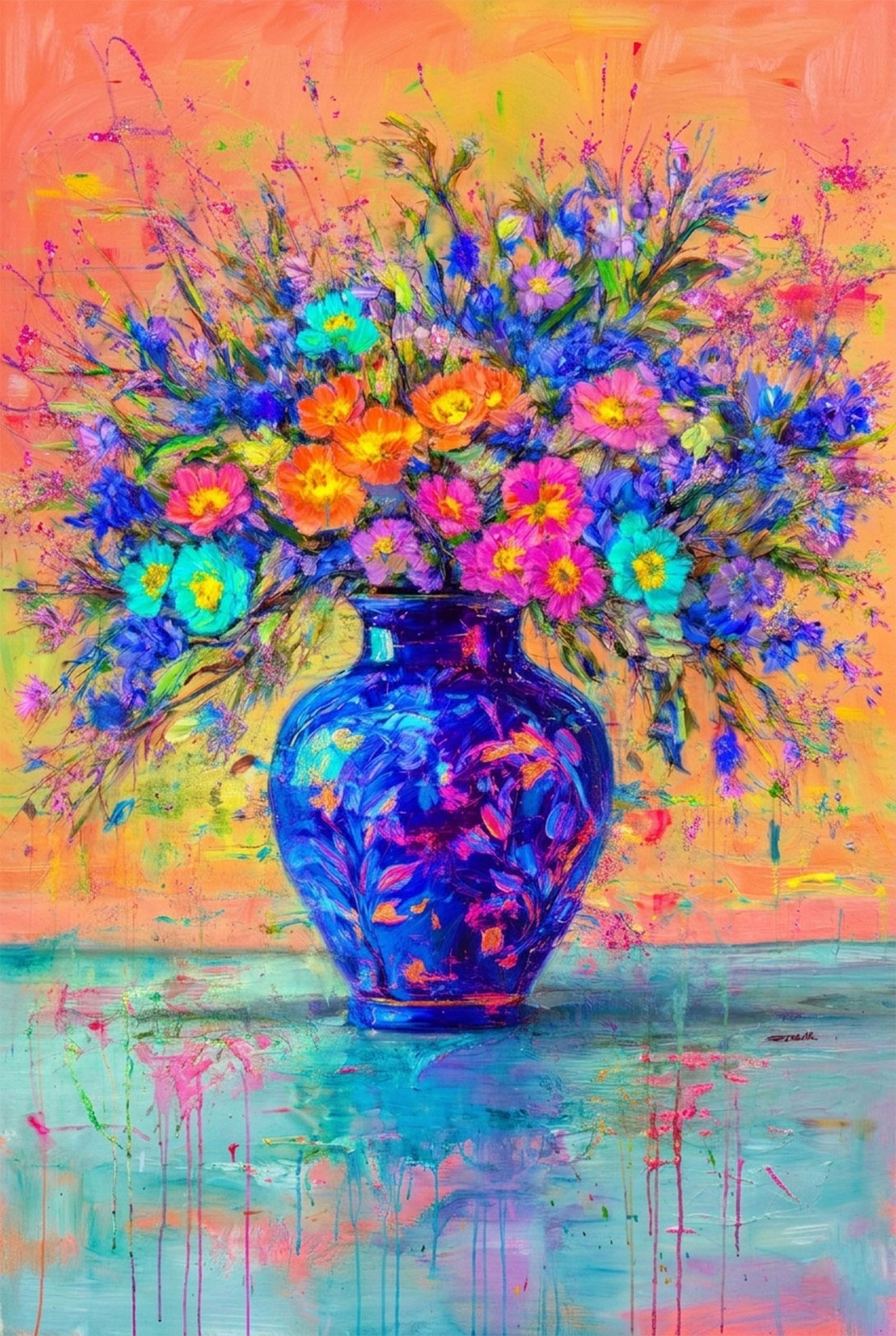Colorful Floral Painting Blue Vase Abstract Wall Art