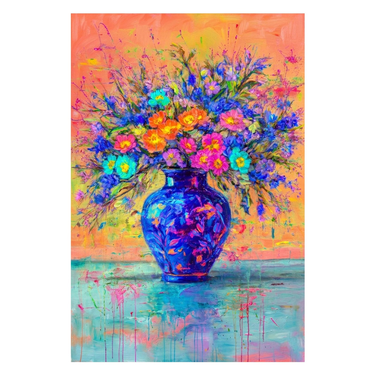 Colorful Floral Painting Blue Vase Abstract Wall Art