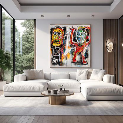 Modern living room with a white sofa, wooden coffee table, and colorful abstract art on the wall.