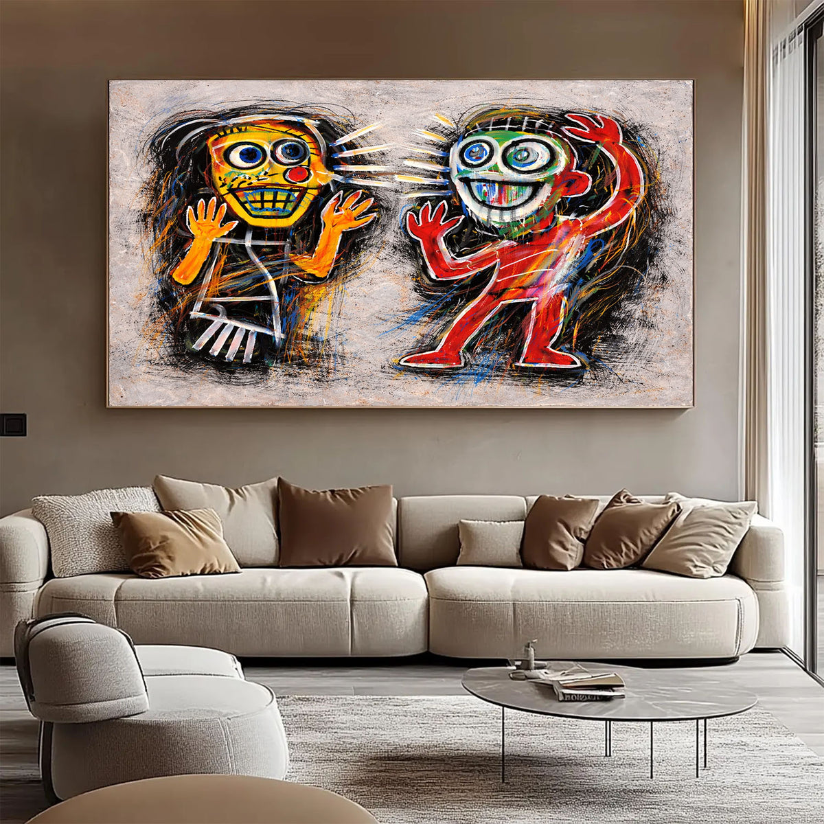 Abstract painting of two colorful figures on a wall above a beige sofa in a modern living room.
