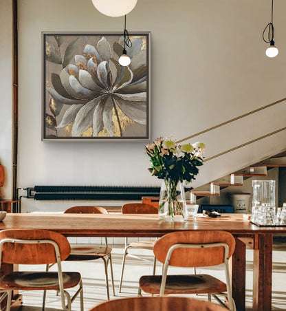 Contemporary Golden Grey Flower Abstract Painting