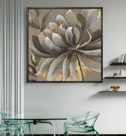 Contemporary Golden Grey Flower Abstract Painting