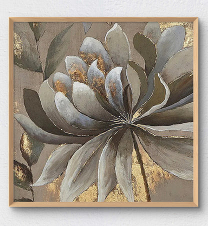 Contemporary Golden Grey Flower Abstract Painting