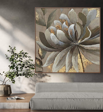 Contemporary Golden Grey Flower Abstract Painting
