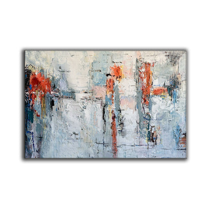 Textured Abstract Cityscape in Coral & Blue – Modern Impasto Canvas Wall Art