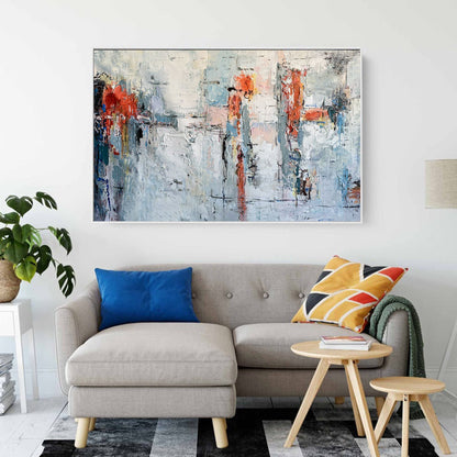 Textured Abstract Cityscape in Coral & Blue – Modern Impasto Canvas Wall Art