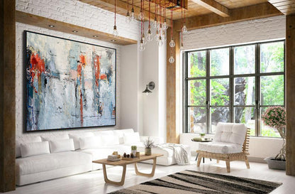 Textured Abstract Cityscape in Coral & Blue – Modern Impasto Canvas Wall Art