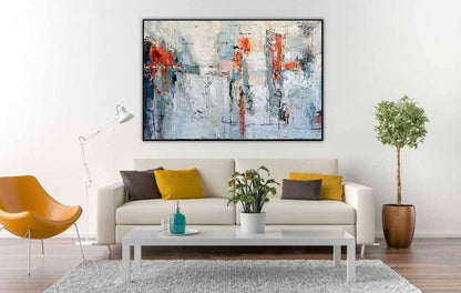 Textured Abstract Cityscape in Coral & Blue – Modern Impasto Canvas Wall Art
